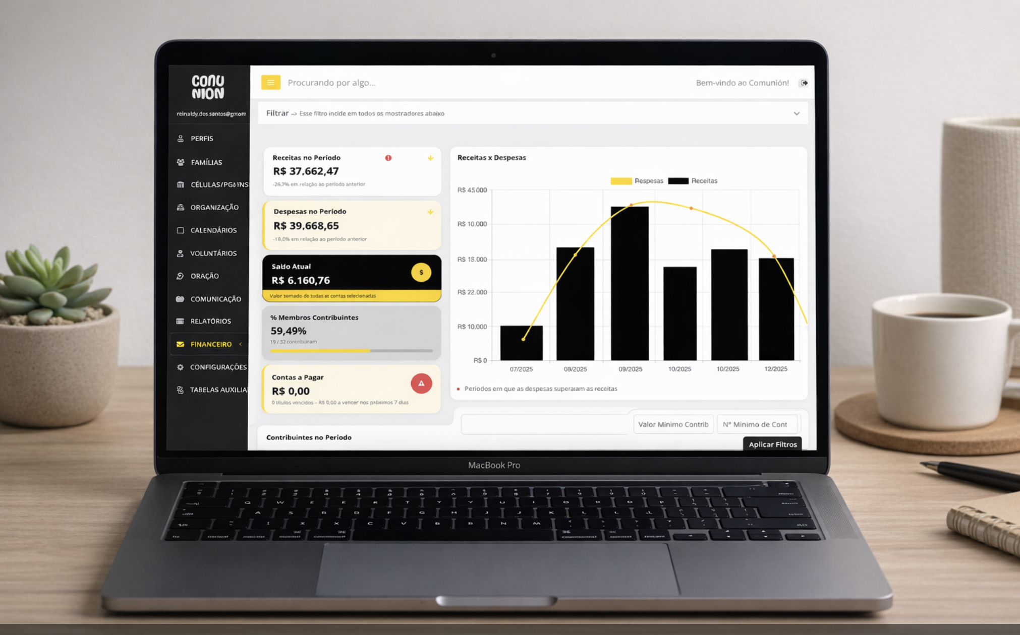 Prévia do aplicativo e dashboard do sistema Comunión para igrejas